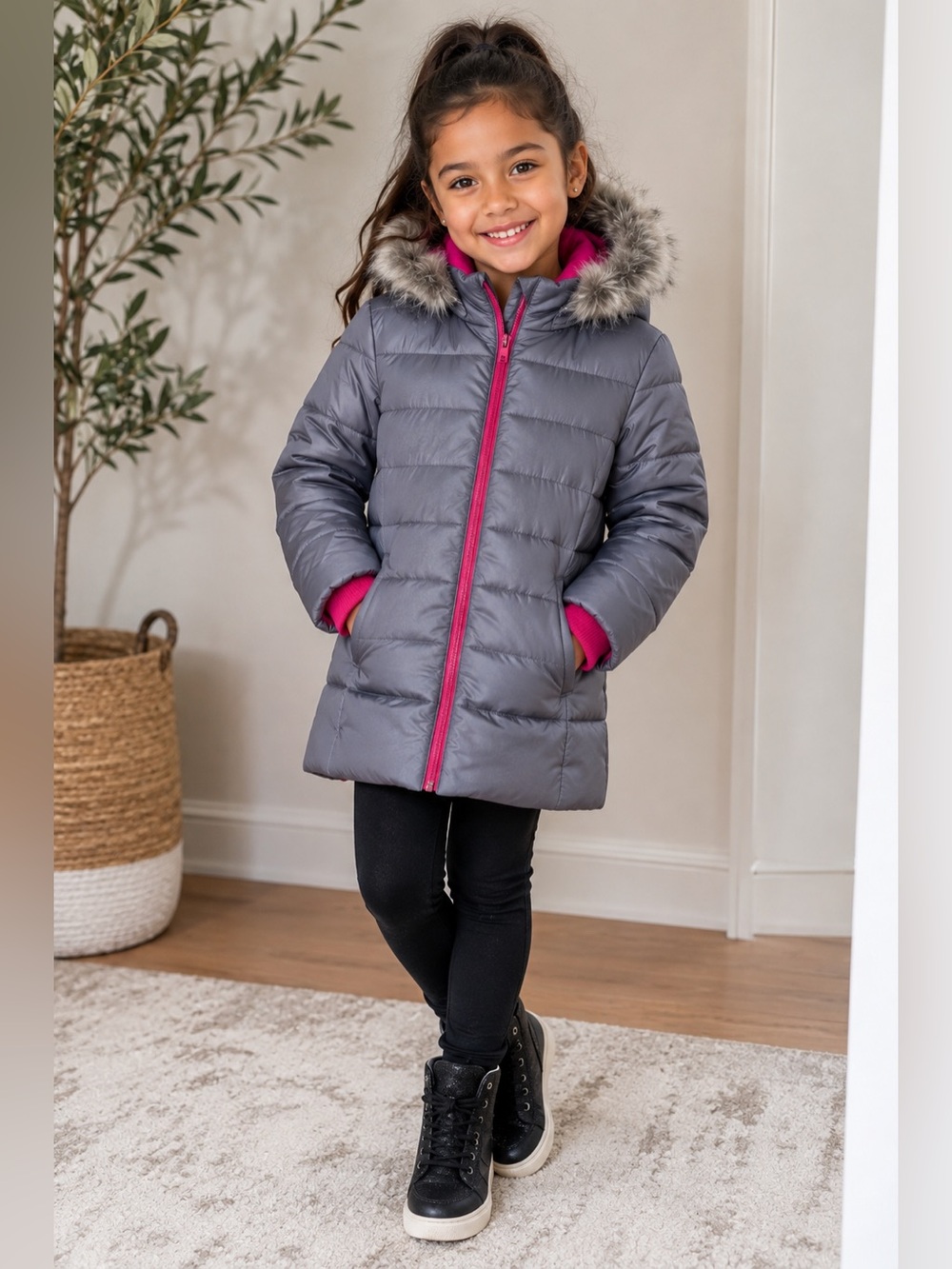 Calvin Klein Jeans Girls' Gray Puffer Coat with Pink Trim